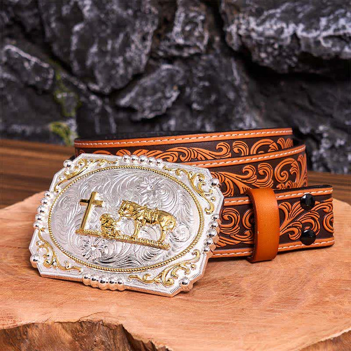 Cintura in pelle con fibbia grande fai da te in argento e oro con cavallo e croce da cowboy - Preghiera - Cintura floreale in rilievo arancione - 42 - image 10