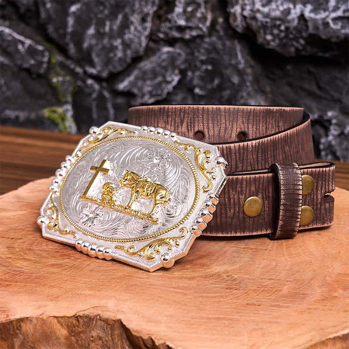 Cintura in pelle con fibbia grande fai da te in argento e oro con cavallo e croce da cowboy - Preghiera - Cintura marrone anticata - 42 - image 9