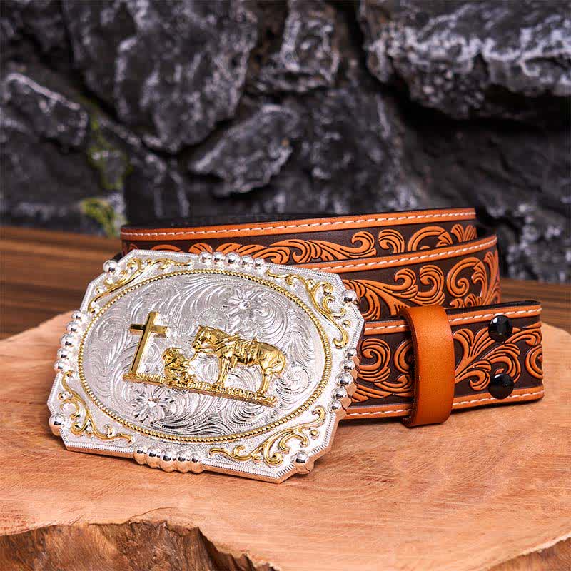 Cintura in pelle con fibbia grande fai da te in argento e oro con cavallo e croce da cowboy - Preghiera - Cintura floreale in rilievo arancione - 42 - image 8
