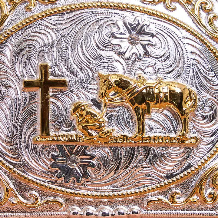 Cintura in pelle con fibbia grande fai da te in argento e oro con cavallo e croce da cowboy - image 1