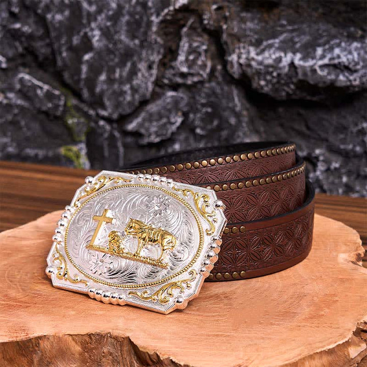 Cintura in pelle con fibbia grande fai da te in argento e oro con cavallo e croce da cowboy - Preghiera - Cintura con rivetti marroni - 42 - image 6