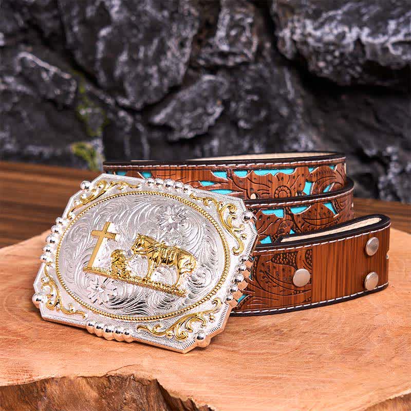 Cintura in pelle con fibbia grande fai da te in argento e oro con cavallo e croce da cowboy - Preghiera - Cintura intagliata turchese - 42 - image 5
