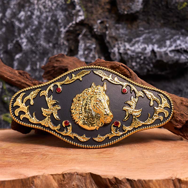 Cintura in pelle con fibbia fai da te a forma di testa di cavallo nera e oro - Testa di cavallo nera e oro - Senza cintura - Cintura non inclusa - image 1