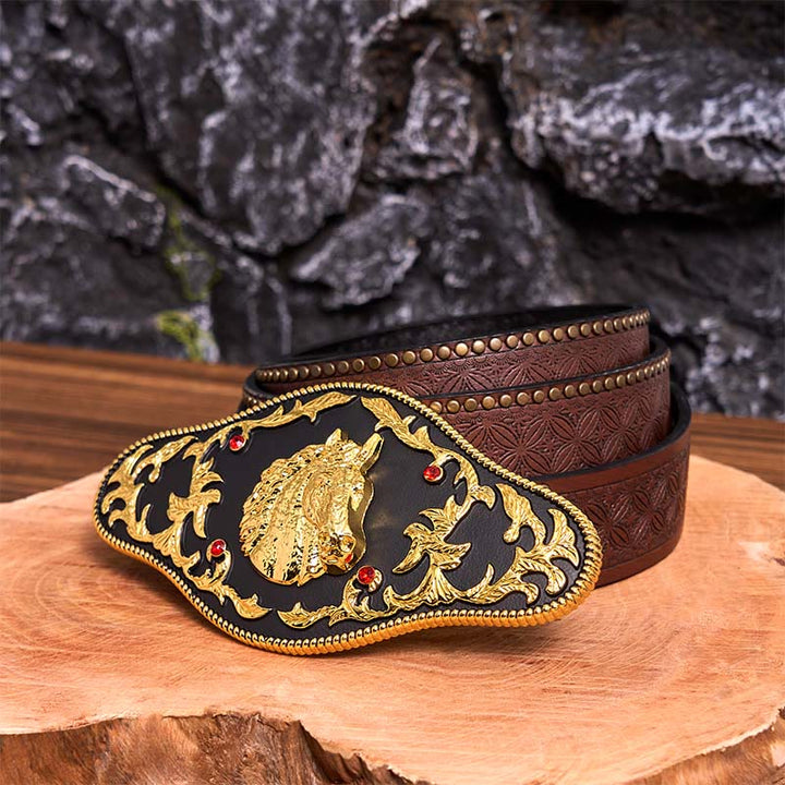 Cintura in pelle con fibbia fai da te a forma di testa di cavallo nera e oro - Testa di cavallo nera e oro - Cintura con rivetti marroni - 42 - image 8