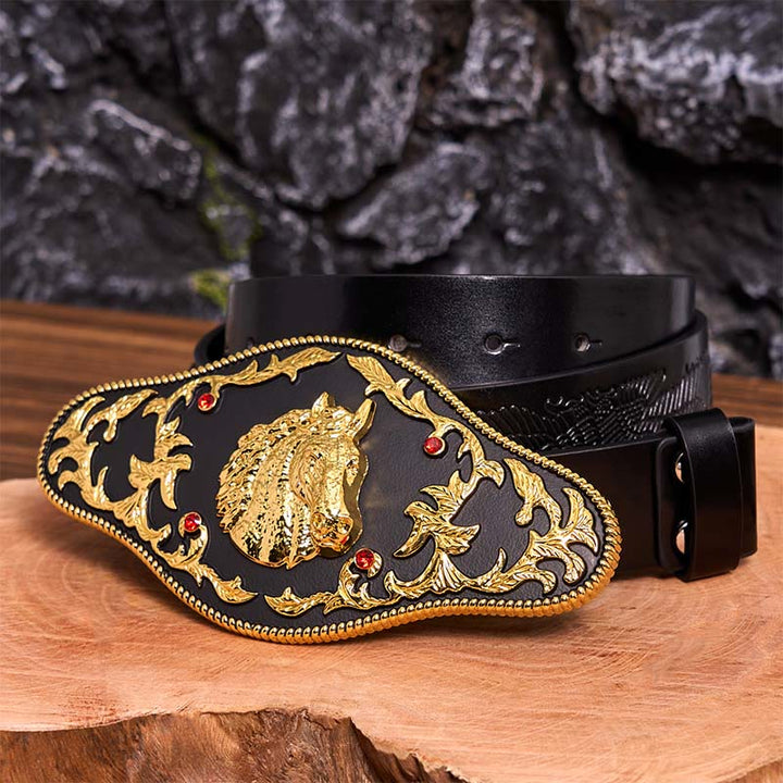 Cintura in pelle con fibbia fai da te a forma di testa di cavallo nera e oro - Testa di cavallo nera e oro - Cintura aquila nera in rilievo - 42 - image 6