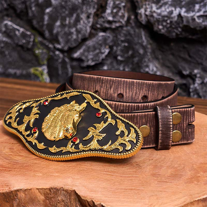Cintura in pelle con fibbia fai da te a forma di testa di cavallo nera e oro - Testa di cavallo nera e oro - Cintura marrone anticata - 42 - image 9