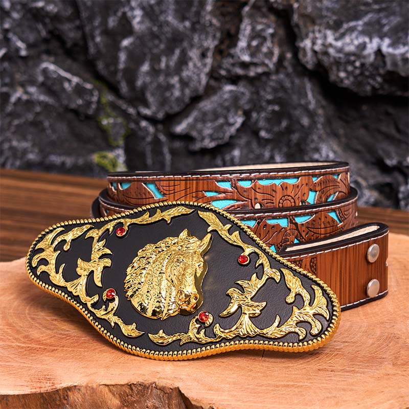 Cintura in pelle con fibbia fai da te a forma di testa di cavallo nera e oro - Testa di cavallo nera e oro - Cintura intagliata turchese - 42 - image 7