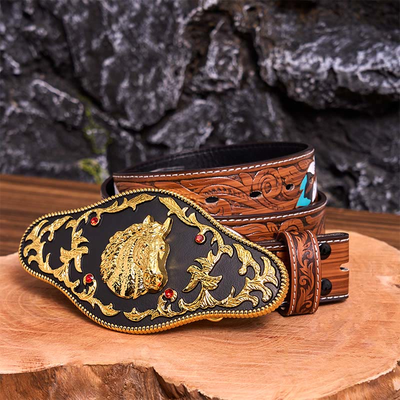 Cintura in pelle con fibbia fai da te a forma di testa di cavallo nera e oro - Testa di cavallo nera e oro - Cintura di piume marroni - 40 - image 11