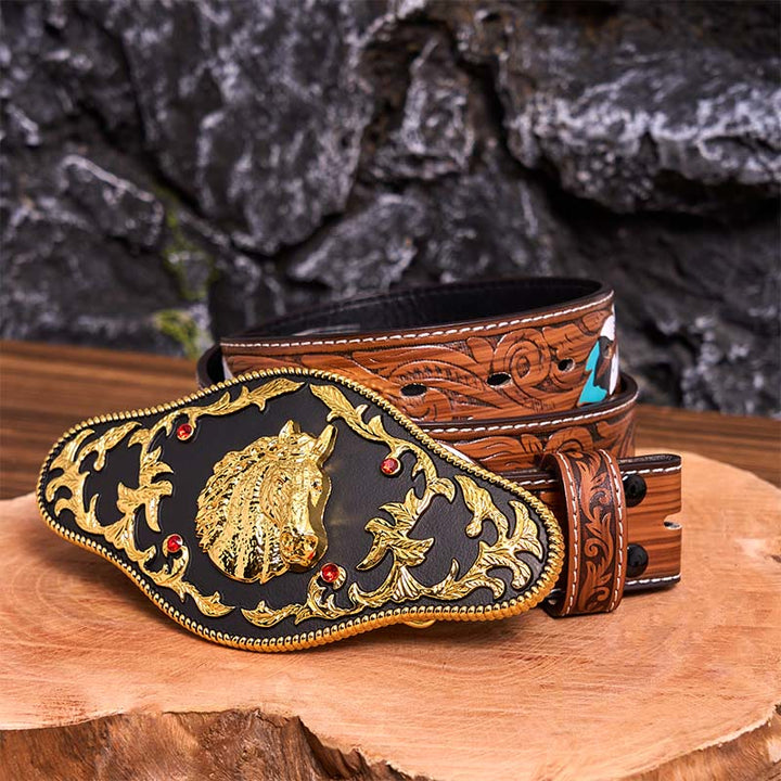 Cintura in pelle con fibbia fai da te a forma di testa di cavallo nera e oro - Testa di cavallo nera e oro - Cintura di piume marroni - 40 - image 11