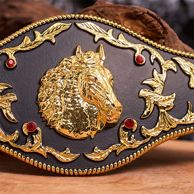 Cintura in pelle con fibbia fai da te a forma di testa di cavallo nera e oro - image 4