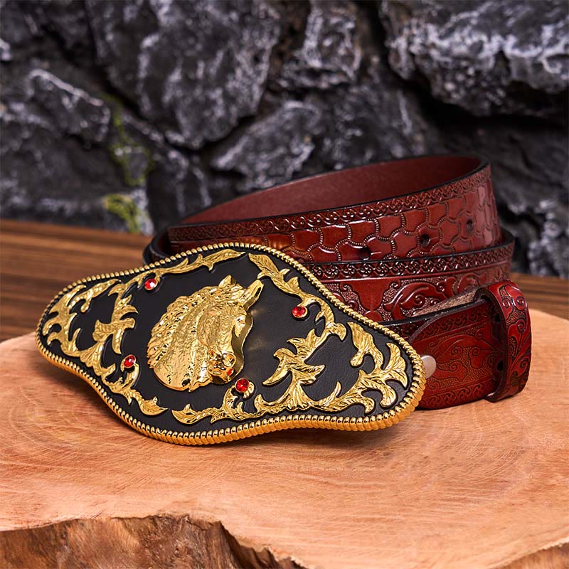 Cintura in pelle con fibbia fai da te a forma di testa di cavallo nera e oro - Testa di cavallo nera e oro - Cintura marrone intagliata - 42 - image 10