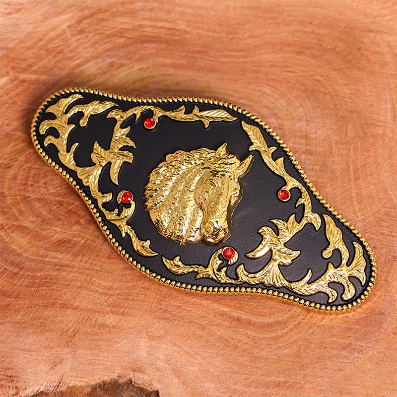 Cintura in pelle con fibbia fai da te a forma di testa di cavallo nera e oro - image 2