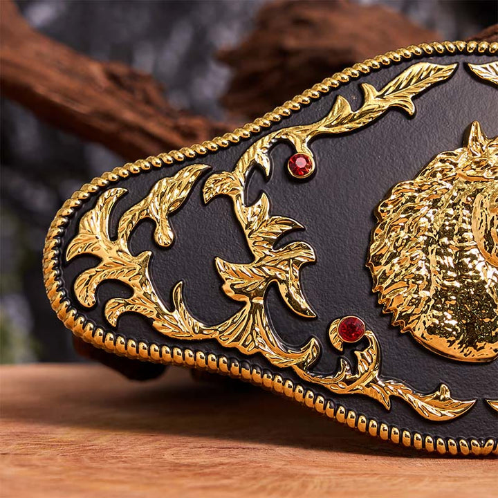 Cintura in pelle con fibbia fai da te a forma di testa di cavallo nera e oro - image 5