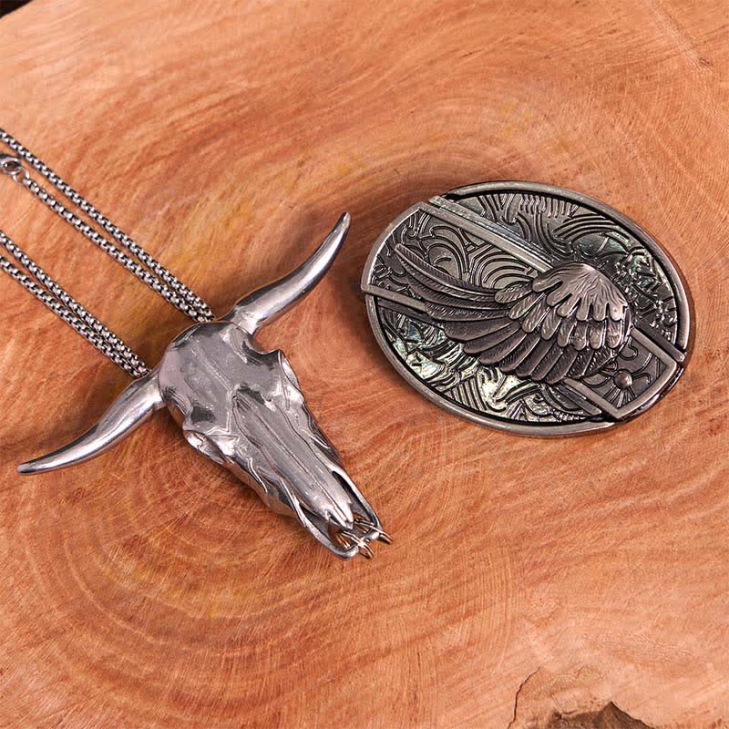 Set di ciondoli a forma di toro con fibbia per cintura con coltello nascosto fai da te e ali d'angelo