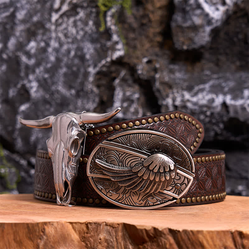 Set di ciondoli a forma di toro con fibbia per cintura con coltello nascosto fai da te e ali d'angelo - Ala - Cintura con rivetti marroni - 42 - image 5