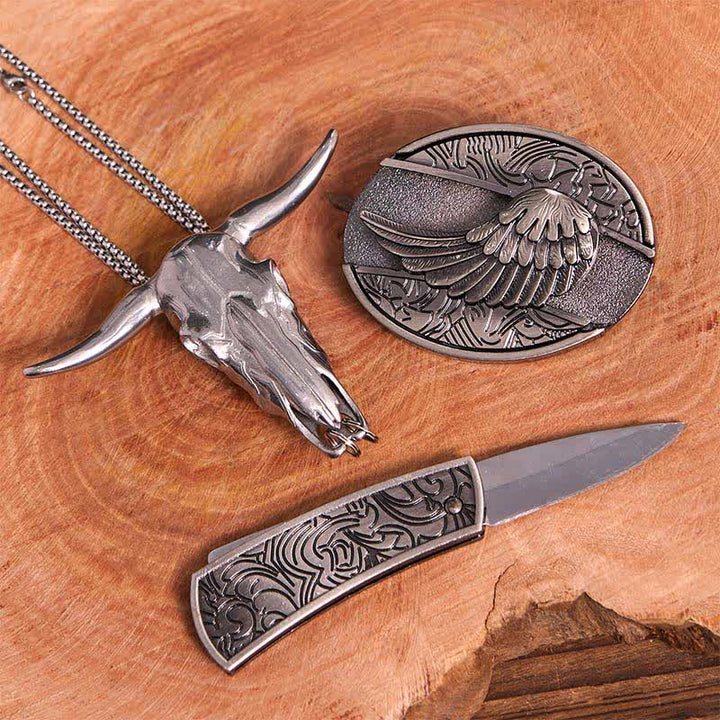 Set di ciondoli a forma di toro con fibbia per cintura con coltello nascosto fai da te e ali d'angelo - image 3