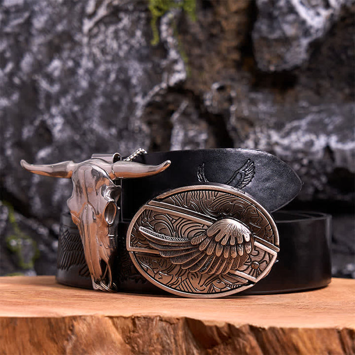 Set di ciondoli a forma di toro con fibbia per cintura con coltello nascosto fai da te e ali d'angelo - Ala - Cintura con aquila in rilievo nera - 42 - image 4