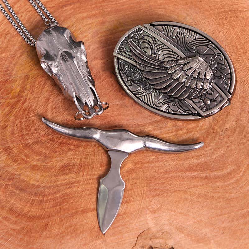 Set di ciondoli a forma di toro con fibbia per cintura con coltello nascosto fai da te e ali d'angelo - image 2