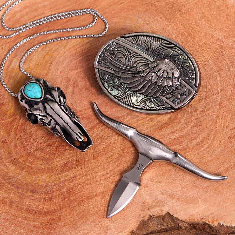 Set di ciondoli a forma di toro longhorn turchese con fibbia per cintura fai da te con coltello nascosto e ali d'angelo - image 2