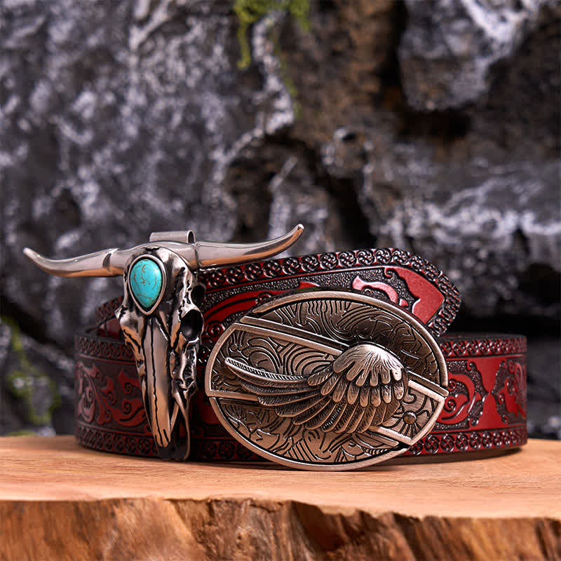 Set di ciondoli a forma di toro longhorn turchese con fibbia per cintura fai da te con coltello nascosto e ali d'angelo - Ala - Cintura marrone intagliata - 42 - image 7