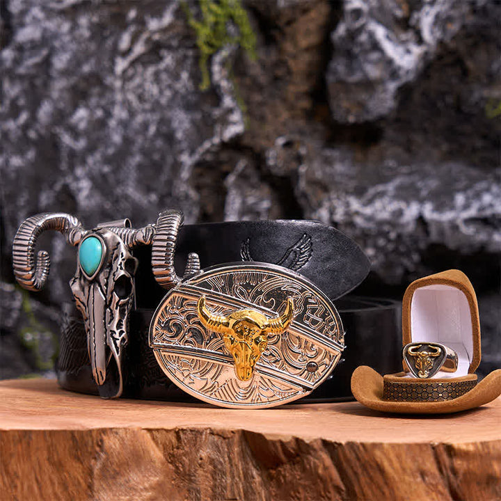 Set di ciondoli a forma di pecora con teschio turchese e fibbia per cintura fai da te con coltello nascosto Gold Bull