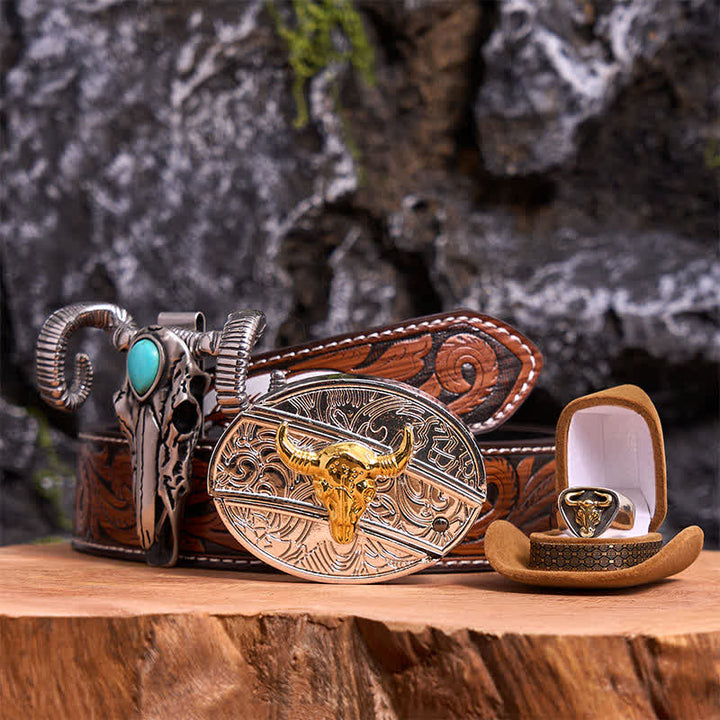 Set di ciondoli a forma di pecora con teschio turchese e fibbia per cintura fai da te con coltello nascosto Gold Bull
