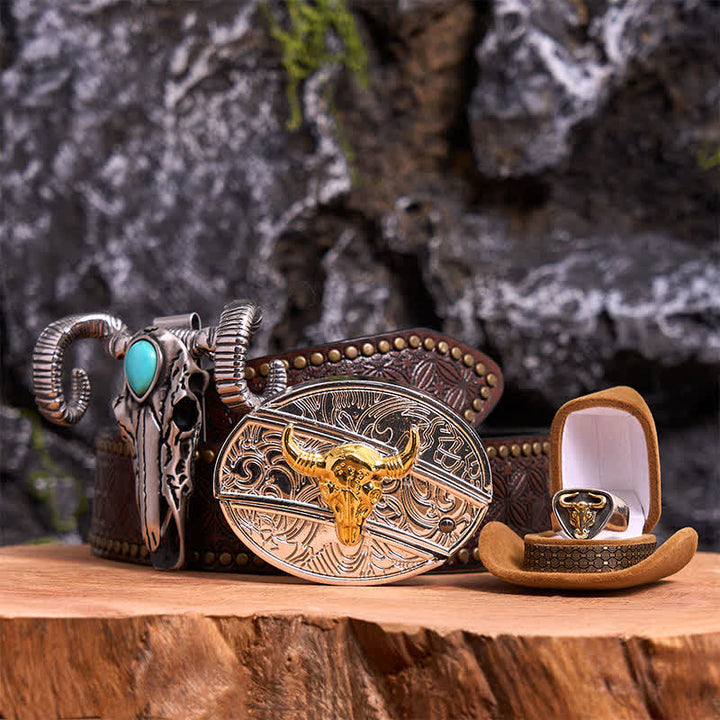 Set di ciondoli a forma di pecora con teschio turchese e fibbia per cintura fai da te con coltello nascosto Gold Bull