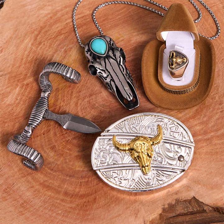 Set di ciondoli a forma di pecora con teschio turchese e fibbia per cintura fai da te con coltello nascosto Gold Bull