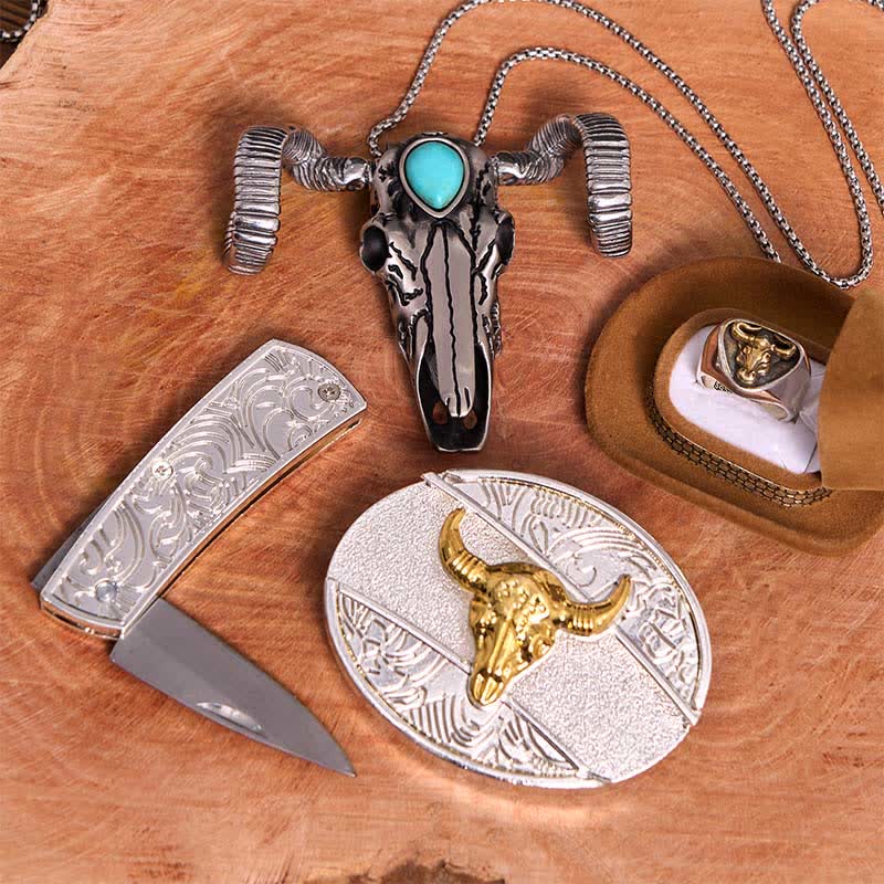 Set di ciondoli a forma di pecora con teschio turchese e fibbia per cintura fai da te con coltello nascosto Gold Bull