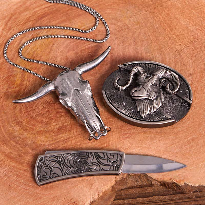 Set di collana con ciondolo a forma di croce con fibbia per cintura con coltello nascosto fai da te a forma di corno di capra