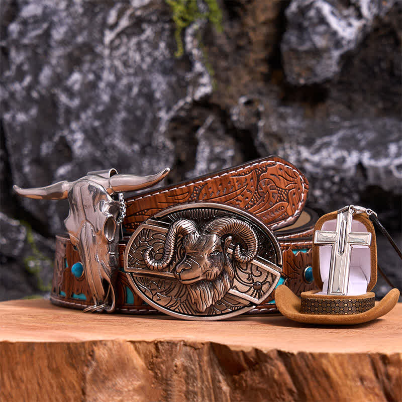 Set di collana con ciondolo a forma di croce con fibbia per cintura con coltello nascosto fai da te a forma di corno di capra - Capra - Cintura intagliata turchese - 42 - image 4