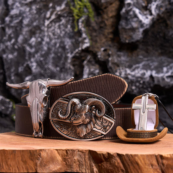 Set di collana con ciondolo a forma di croce con fibbia per cintura con coltello nascosto fai da te a forma di corno di capra - Capra - Cintura marrone anticata - 42 - image 6