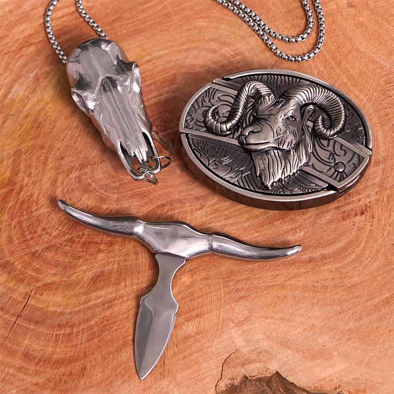 Set di collana con ciondolo a forma di croce con fibbia per cintura con coltello nascosto fai da te a forma di corno di capra