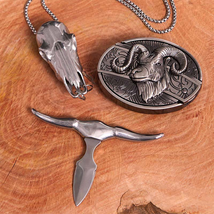 Set di collana con ciondolo a forma di croce con fibbia per cintura con coltello nascosto fai da te a forma di corno di capra