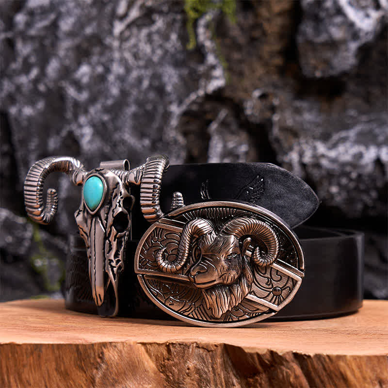 Set di ciondoli a forma di pecora con teschio turchese e fibbia per cintura con coltello nascosto fai da te a forma di capra - Capra - Cintura con aquila in rilievo nera - 42 - image 0
