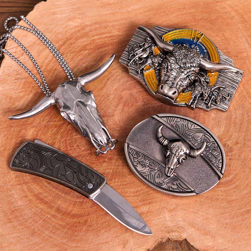 Set di ciondoli con fibbia per cintura fai da te con coltello nascosto a tema Longhorn Bull