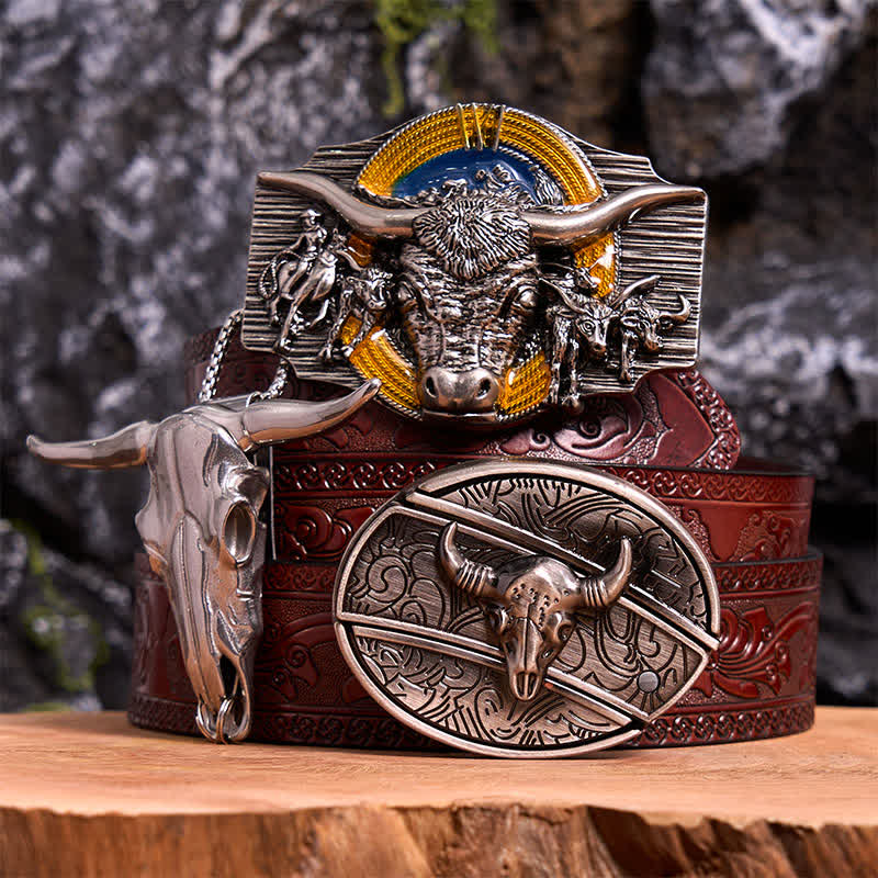 Set di ciondoli con fibbia per cintura fai da te con coltello nascosto a tema Longhorn Bull - Toro dalle corna lunghe - Cintura marrone intagliata - 42 - image 7