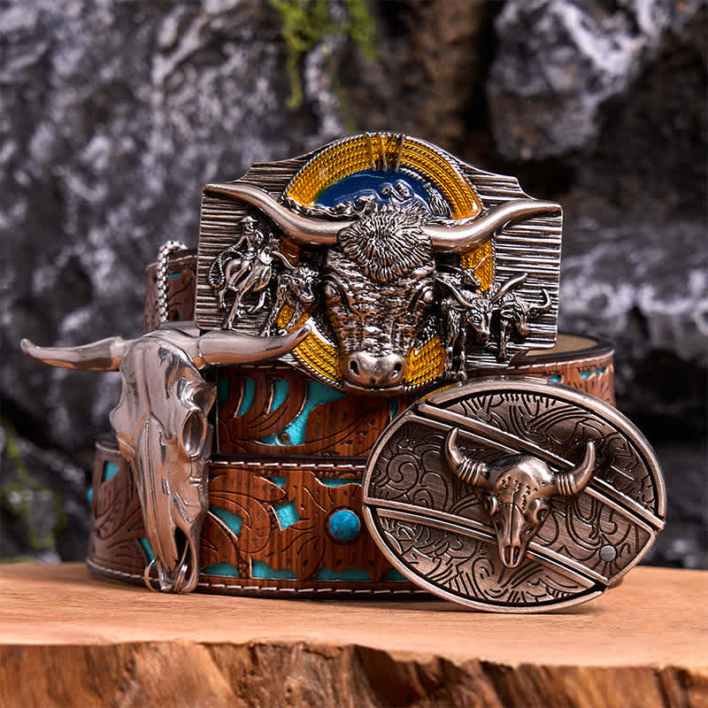 Set di ciondoli con fibbia per cintura fai da te con coltello nascosto a tema Longhorn Bull - Toro dalle corna lunghe - Cintura intagliata turchese - 42 - image 0