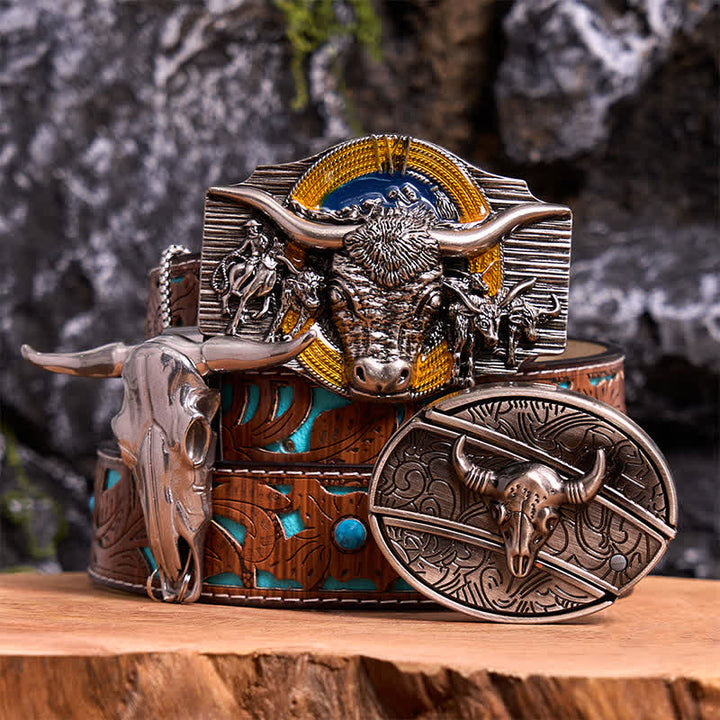 Set di ciondoli con fibbia per cintura fai da te con coltello nascosto a tema Longhorn Bull - Toro dalle corna lunghe - Cintura intagliata turchese - 42 - image 0