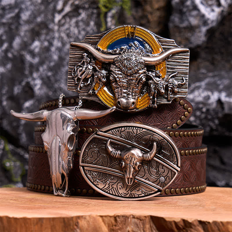 Set di ciondoli con fibbia per cintura fai da te con coltello nascosto a tema Longhorn Bull - Toro dalle corna lunghe - Cintura con rivetti marroni - 42 - image 5