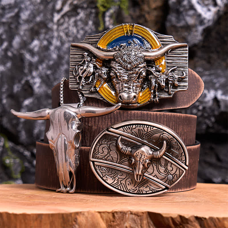 Set di ciondoli con fibbia per cintura fai da te con coltello nascosto a tema Longhorn Bull - Toro dalle corna lunghe - Cintura marrone anticata - 42 - image 6