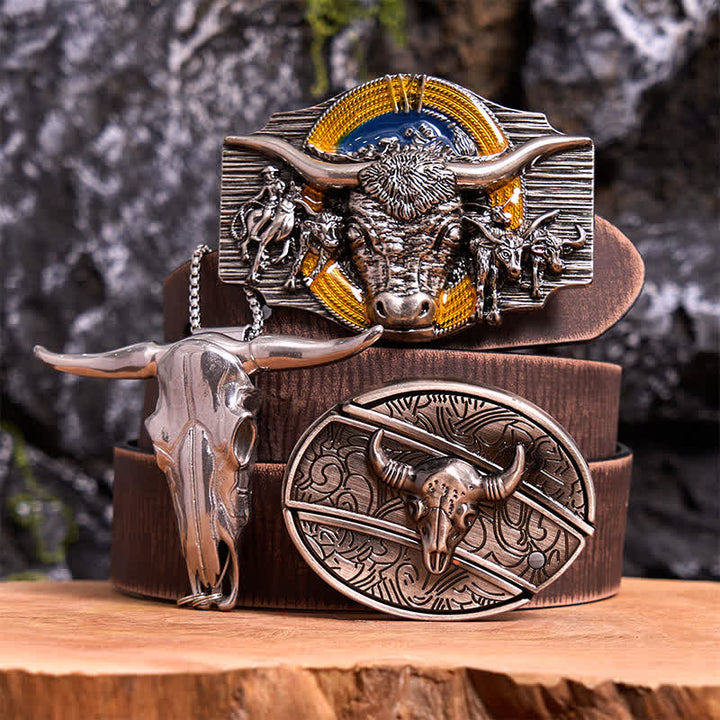 Set di ciondoli con fibbia per cintura fai da te con coltello nascosto a tema Longhorn Bull - Toro dalle corna lunghe - Cintura marrone anticata - 42 - image 6