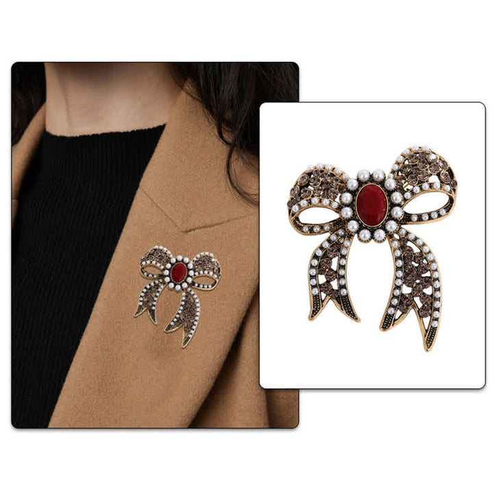 Spilla a fiocco con perle di cristallo rosso grande da donna