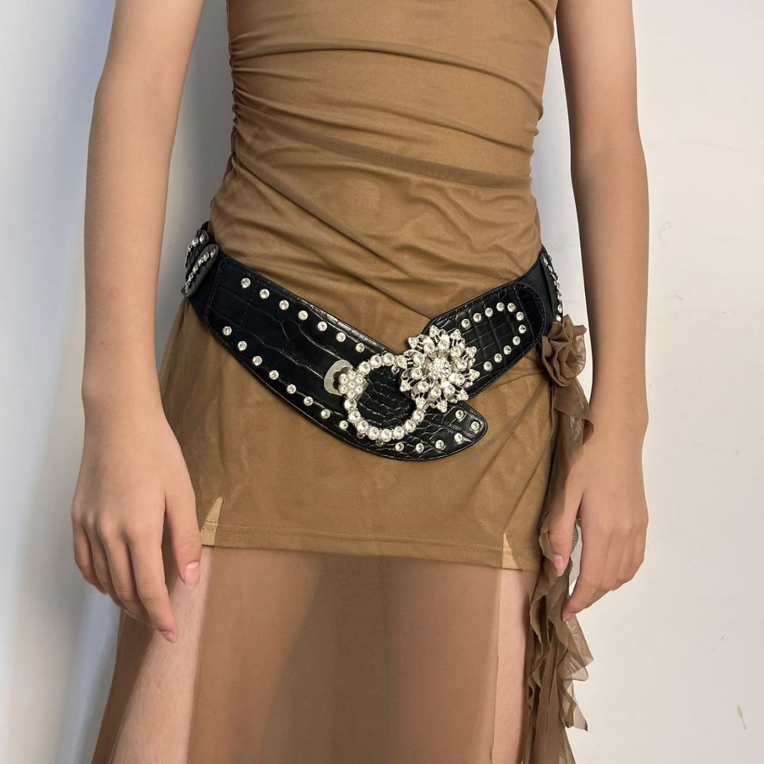 Cintura larga con cuciture di strass, cintura nera per corsetto