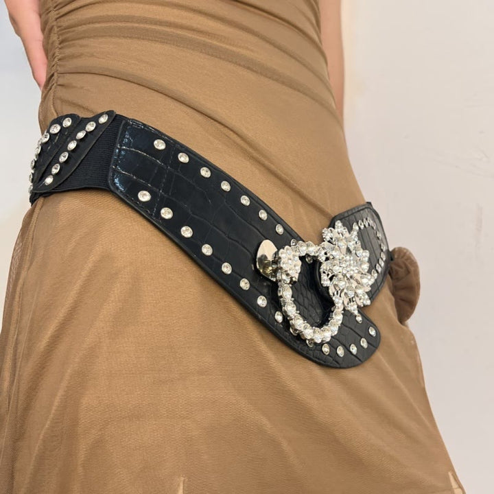 Cintura larga con cuciture di strass, cintura nera per corsetto
