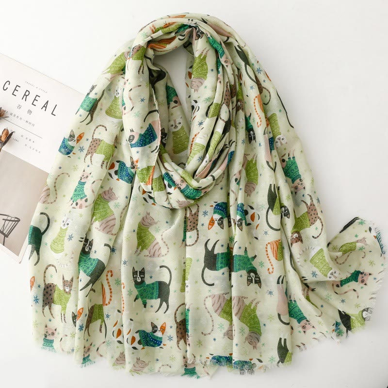 Sciarpa sottile e leggera con stampa di gattini da donna - Verde - image 9