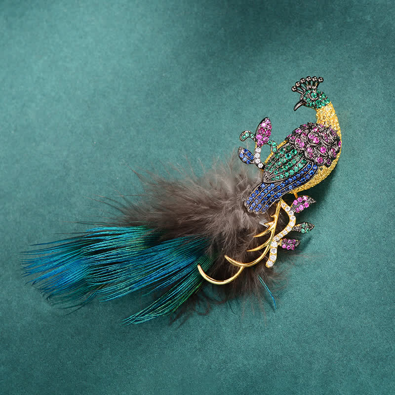 Spilla a forma di piuma di pavone con strass scintillanti da donna - image 4