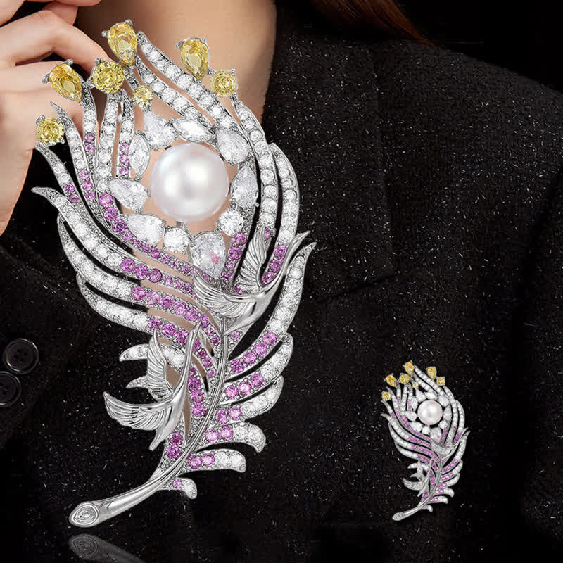 Spilla unisex a forma di piuma con perle di strass rosa e gialli