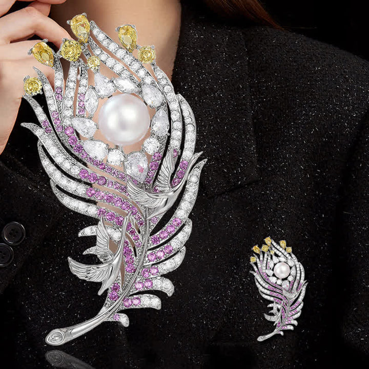 Spilla unisex a forma di piuma con perle di strass rosa e gialli