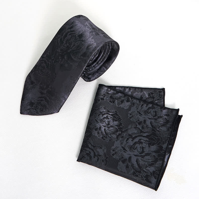 Cravatta classica da uomo con fazzoletto da taschino e motivo a peonia nera - Cravatta + fazzoletto da taschino - image 5